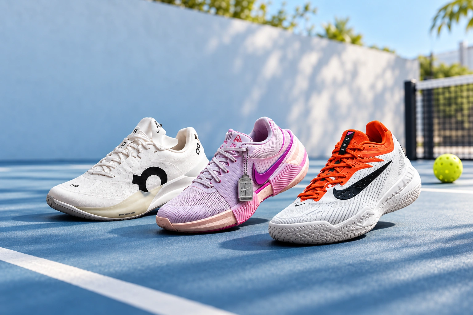 Bộ sưu tập giày Pickleball trên sân xanh.