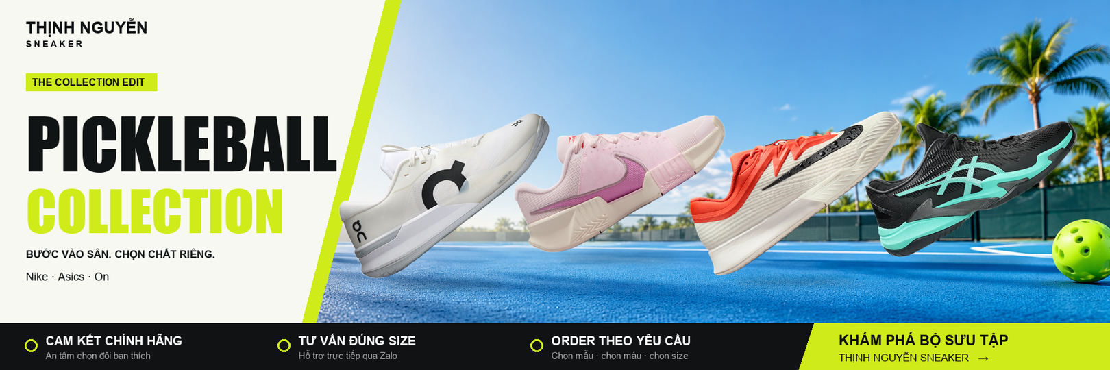 Pickleball Collection: ảnh gốc On The Roger Pro 3, Nike GP Challenge Pro Pearl Pink, Nike Vapor Pro 3 Turf Orange và Asics Court FF3 Aurora Green trên nền sân xanh.