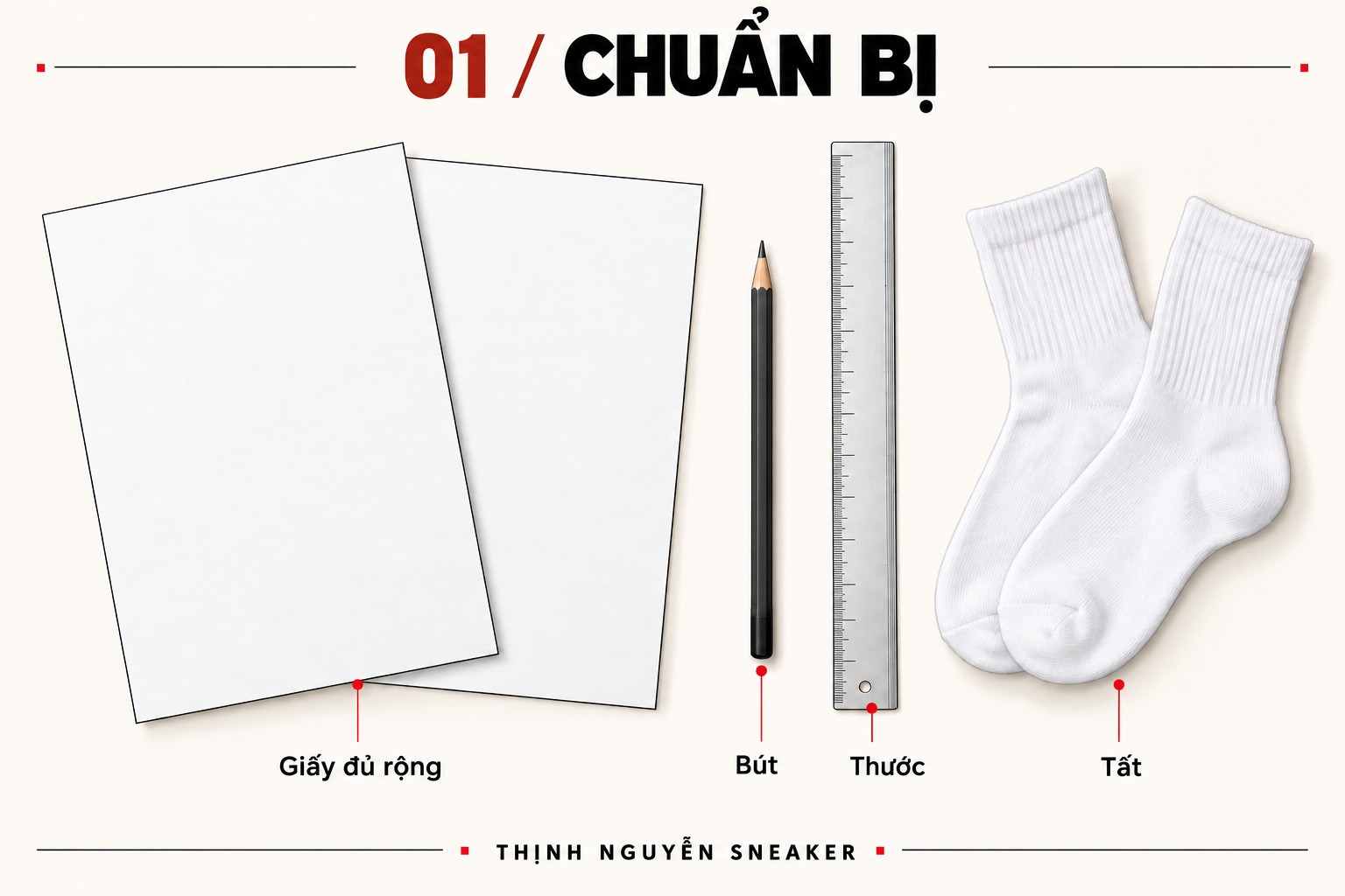 Chuẩn bị giấy đủ rộng, bút, thước và tất