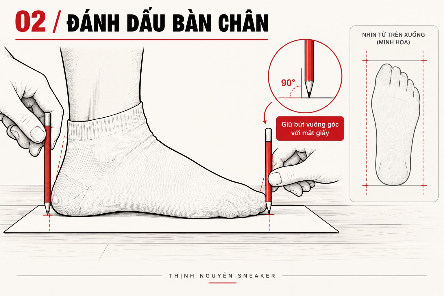 Đặt chân phẳng trên giấy và giữ bút vuông góc khi đánh dấu gót và ngón dài nhất