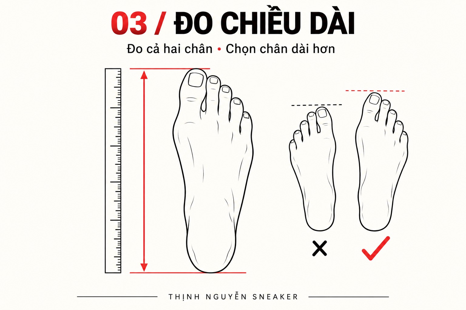Đo thẳng giữa hai đường ngang ở gót và ngón dài nhất, đo cả hai chân rồi chọn chân dài hơn
